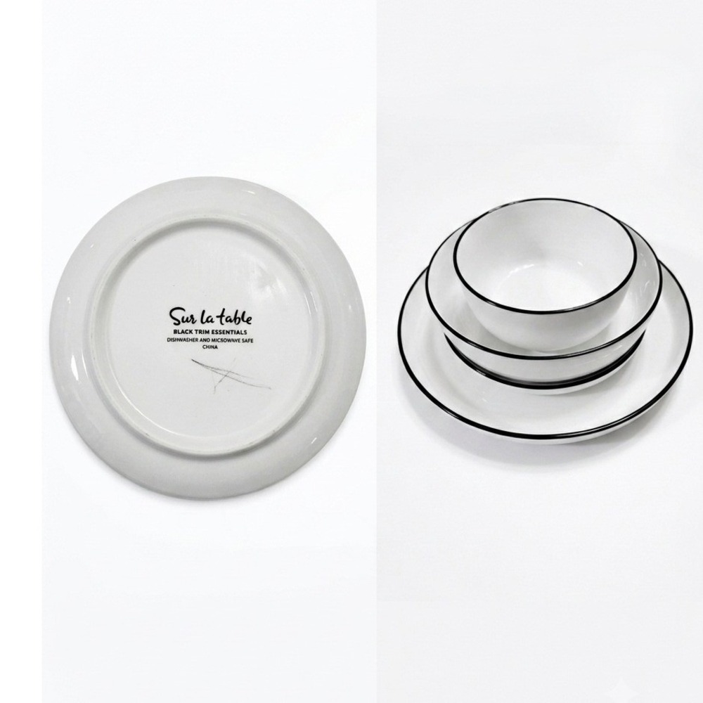 Sur La Table White Porcelain Dinnerware Set Black Rim 4 Piece Place Setting